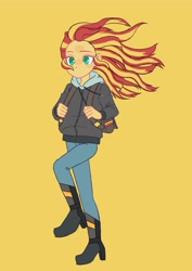 Size: 2894x4093 | Tagged: safe, artist:haibaratomoe, sunset shimmer, human, eqg summertime shorts, equestria girls, g4, monday blues, bag, boots, clothes, female, high heel boots, hoodie, leggings, messy mane, shoes, simple background, solo, windswept hair, yellow background