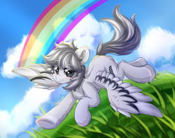 Size: 2202x1746 | Tagged: safe, artist:twilight-minkowski, oc, oc only, oc:xiaoyu, pegasus, pony, cloud, eyebrows, eyebrows visible through hair, flying, grass, looking at you, pegasus oc, rainbow, sky, smiling, smiling at you, solo, spread wings, wings