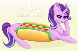 Size: 2000x1300 | Tagged: safe, artist:saltyvity, starlight glimmer, pony, unicorn, g4, blushing, cute, ear fluff, embarrassed, face licking, fluffy, food, happy face, heart, horse meat, hot dog, licking, long glimmer, long pony, meat, pink body, purple eyes, purple hair, sausage, sexy face, simple background, solo, yellow background