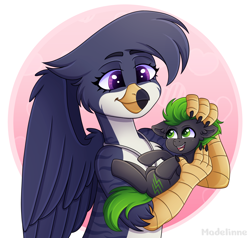 Size: 4200x4000 | Tagged: safe, artist:madelinne, oc, oc only, oc:guava gale, earth pony, griffon, pony, cuddling, duo, earth pony oc, female, griffon oc, happy, holding a pony, male, smiling, wings