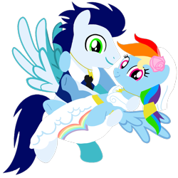 Size: 1099x1099 | Tagged: safe, artist:mlplary6, rainbow dash, soarin', pegasus, pony, g4, bridal carry, bride, carrying, clothes, dress, duo, female, flower, flower in hair, flying, groom, husband and wife, just married, looking at you, male, mare, marriage, married couple, ship:soarindash, shipping, smiling, smiling at you, stallion, straight, tuxedo