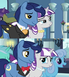 Size: 1280x1440 | Tagged: safe, screencap, amethyst star, lemon hearts, linky, lyra heartstrings, night light, shoeshine, sparkler, twilight velvet, pony, unicorn, a canterlot wedding, g4, magical mystery cure, ascot, ascot tie, background pony, bowtie, button-up shirt, canterlot, clothes, comparison, crying, dress shirt, female, jewelry, liquid pride, male, necklace, parent, ship:nightvelvet, shipping, shirt, stallion, straight, suit, tailcoat, tears of joy, teary eyes, tuxedo