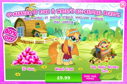 Size: 1954x1297 | Tagged: safe, gameloft, idw, wheat grass, earth pony, pony, g4, my little pony: magic princess, advertisement, apple, bush, clothes, costs real money, ear piercing, earring, english, female, food, gem, glasses, headband, idw showified, introduction card, jewelry, mare, mobile game, numbers, piercing, sale, solo, text