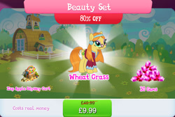 Size: 1267x852 | Tagged: safe, gameloft, idw, wheat grass, earth pony, pony, g4, my little pony: magic princess, apple, bundle, bush, clothes, costs real money, ear piercing, earring, english, female, food, gem, glasses, headband, idw showified, jewelry, mare, mobile game, numbers, piercing, sale, solo, text