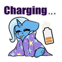 Size: 972x972 | Tagged: safe, artist:rokosmith26, trixie, pony, unicorn, g4, battery, blanket, charging, comfy, cozy, cute, diatrixes, eyes closed, floppy ears, happy, simple background, sitting, social battery, solo, stars, text, tongue out, transparent background, ych example, your character here