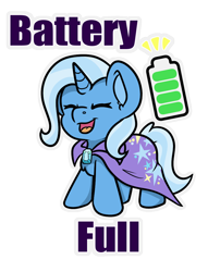 Size: 864x1131 | Tagged: safe, artist:rokosmith26, trixie, pony, unicorn, g4, battery, cape, chest fluff, chibi, clothes, cute, diatrixes, eyes closed, female, gem, happy, mare, open mouth, simple background, social battery, solo, standing, text, transparent background, trixie's cape