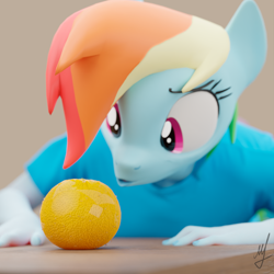 Size: 1920x1920 | Tagged: safe, artist:retro0range, rainbow dash, anthro, g4, 3d, blender, clothes, female, food, orange, solo, surprised, wide eyes