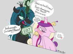 Size: 1181x890 | Tagged: safe, artist:icey, princess cadance, queen chrysalis, alicorn, changeling, changeling queen, pony, g4, blushing, dialogue, duo, duo female, eyelashes, female, food stamps, heart, horn, infidelity, lesbian, mare, princess cheatdance, sharp teeth, ship:cadalis, shipping, speech bubble, teeth, wings
