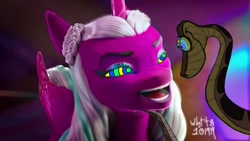 Size: 1472x828 | Tagged: safe, artist:whitty101919, edit, edited screencap, editor:whitty101919, screencap, opaline arcana, alicorn, pony, g5, growing pains, my little pony: make your mark, my little pony: make your mark chapter 2, spoiler:my little pony: make your mark, spoiler:my little pony: make your mark chapter 2, spoiler:mymc02e02, bad edit, female, hypno eyes, hypnosis, it came from deviantart, kaa, kaa eyes, mare, smiling