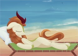Size: 3974x2879 | Tagged: safe, artist:dusthiel, autumn blaze, kirin, g4, beach, belly, cloven hooves, eyes closed, female, floppy ears, high res, leonine tail, mare, ocean, solo, tail, water