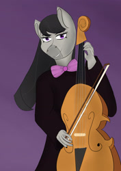 Size: 2480x3508 | Tagged: safe, artist:sh4deshad0w41, octavia melody, earth pony, anthro, g4, bow (instrument), bowtie, equine, female, high res, long hair, looking at you, musical instrument, octavia's bowtie, purple background, simple background, smiling, smirk, solo, standing, violin