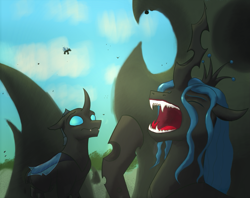 Size: 1249x991 | Tagged: safe, artist:gosha305, queen chrysalis, changeling, changeling queen, g4, antagonist, changeling hive, digital art, fangs, hooves, open mouth, yawn