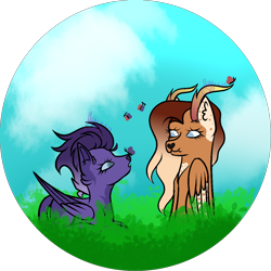 Size: 1200x1200 | Tagged: safe, artist:thecommandermiky, oc, oc only, oc:miky command, oc:trystan, butterfly, deer, hybrid, pegasus, pony, blue eyes, circle background, cloud, cloudy, deer oc, duo, duo female, female, grass, grass field, horn, mare, non-pony oc, pegasus oc, wings