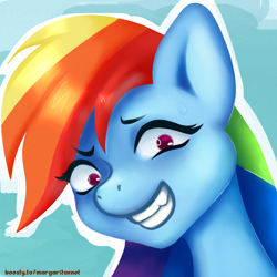 Size: 2000x2000 | Tagged: safe, artist:margaritaenot, rainbow dash, pegasus, pony, g4, blue background, bust, gradient background, grin, high res, portrait, smiling, solo