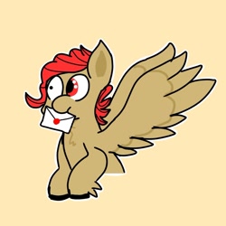 Size: 1028x1027 | Tagged: safe, artist:realjoel456, oc, pegasus, pony, letter, mismatched eyes, mouth hold, simple background, solo, yellow background