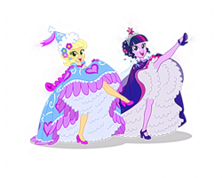 Size: 5590x4471 | Tagged: safe, artist:sapphiregamgee, applejack, twilight sparkle, human, equestria girls, g4, absurd resolution, blurry, can-can, clothes, dress, froufrou glittery lacy outfit, gown, high heels, low quality, petticoat, princess, princess applejack, princess costume, shoes, simple background, white background