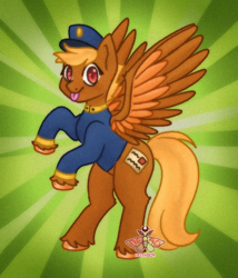 Size: 1080x1261 | Tagged: safe, artist:mothboy.truly.died, swift reply, pegasus, pony, g4, :p, clothes, cute, female, green background, hat, mare, rearing, red eyes, signature, simple background, spread wings, sunburst background, tongue out, uniform