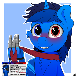 Size: 2000x2000 | Tagged: safe, artist:h3nger, oc, oc:bluethecake, cyborg, pony, unicorn, high res, horny on main, looking at you, smiling, solo, text