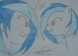 Size: 600x435 | Tagged: safe, artist:lovylovecristal, dj pon-3, vinyl scratch, human, pony, unicorn, equestria girls, g4, grin, human ponidox, looking at each other, looking at someone, missing accessory, missing horn, self paradox, self ponidox, smiling, smiling at each other, smirk, traditional art