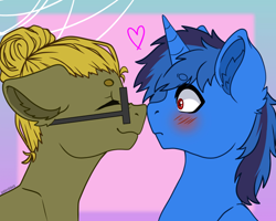 Size: 700x560 | Tagged: safe, artist:duskooky, artist:kooky, oc, oc only, oc:bluethecake, oc:donnik, pegasus, pony, unicorn, blushing, boop, gradient background, nuzzling, surprised