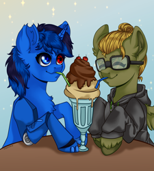 Size: 2160x2400 | Tagged: safe, artist:duskooky, artist:kooky, oc, oc only, oc:bluethecake, oc:donnik, pegasus, pony, unicorn, blushing, drink, gradient background, happy, high res, milkshake