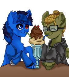 Size: 2160x2400 | Tagged: safe, artist:duskooky, artist:kooky, oc, oc only, oc:bluethecake, oc:donnik, pegasus, pony, unicorn, blushing, drink, happy, high res, milkshake, simple background, transparent background