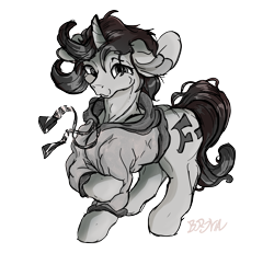 Size: 2600x2400 | Tagged: safe, artist:br0via, oc, pony, unicorn, clothes, female, high res, hoodie, mare, monochrome, solo