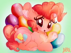 Size: 3200x2400 | Tagged: safe, artist:br0via, pinkie pie, earth pony, pony, g4, balloon, female, frog (hoof), high res, hoofbutt, lying down, mare, prone, solo, underhoof