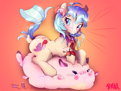 Size: 3200x2400 | Tagged: safe, artist:br0via, coco pommel, earth pony, pony, g4, blushing, female, high res, mare, plushie, sewing, solo