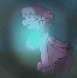 Size: 509x512 | Tagged: artist needed, safe, oc, oc:emilia starsong, pegasus, pony, bow, eyes closed, female, glowing, grass, grass field, night, rain, singing, solo, tail, tail bow