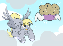 Size: 1500x1100 | Tagged: safe, artist:starcasteclipse, derpy hooves, pegasus, pony, g4, cheek fluff, colored hooves, eye clipping through hair, female, flying, food, freckles, mare, muffin, open mouth, open smile, smiling, solo, winged muffin