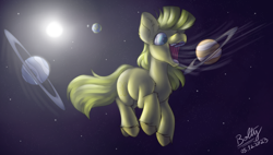 Size: 3662x2080 | Tagged: safe, artist:lightning bolty, oc, oc only, oc:lemon drop, earth pony, pony, backlighting, colored, commissioner:lemondrop, ear fluff, earth pony oc, edible heavenly object, female, high res, inhaling, lighting, macro, moon, object vore, open mouth, planet, planet vore, planetary ring, pony bigger than a planet, shading, signature, solo, space, stars, sun, unshorn fetlocks, vacuum vore, vore
