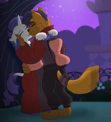 Size: 854x935 | Tagged: safe, artist:faitheverlasting, capper dapperpaws, rarity, abyssinian, unicorn, semi-anthro, g4, arm hooves, bow, canterlot gardens, capperity, clothes, commission, dress, duo, eyes closed, female, hat, jewelry, kissing, male, mare, night, shipping, straight, tree