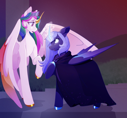 Size: 1600x1481 | Tagged: safe, artist:wifflethecatboi, princess celestia, princess luna, alicorn, pony, g4, alicorn amulet, blue mane, cape, castle of the royal pony sisters, cel shading, clothes, colored hooves, colored wings, crown, duo, eyebrows, eyebrows visible through hair, eyelashes, folded wings, gold hooves, gold horn, gradient wings, green mane, hoof polish, hooves, horn, jewelry, kokoshnik tiara, magic, magic aura, multicolored mane, outdoors, pink mane, purple eyes, regalia, s1 luna, scared, shading, sharp horn, silver hooves, silver horn, spread wings, tiara, turquoise eyes, white coat, wings