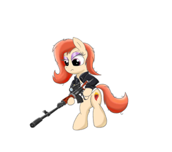 Size: 1800x1600 | Tagged: safe, artist:amateur-draw, oc, oc only, oc:phosphor flame, earth pony, pony, bipedal, clothes, dragunov, female, gun, jacket, leather, leather jacket, makeup, mare, rifle, scope, shirt, simple background, sniper rifle, solo, weapon, white background