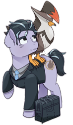 Size: 2054x3494 | Tagged: safe, artist:morrigun, bird, pony, staraptor, bags under eyes, clothes, crossover, duo, eyes open, high res, larry (pokemon), male, necktie, pokémon, ponified, signature, simple background, sleeping, stallion, standing, suit, suitcase, transparent background