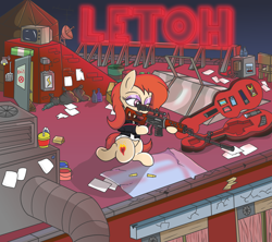 Size: 1800x1600 | Tagged: safe, artist:amateur-draw, oc, oc only, oc:phosphor flame, earth pony, pony, baton, bullet, clothes, female, guitar case, gun, hotel, jacket, kneeling, leather, leather jacket, makeup, mare, neon, rifle, rooftop, scenery, shirt, sign, sniper rifle, solo, stun gun, television, water tower, weapon