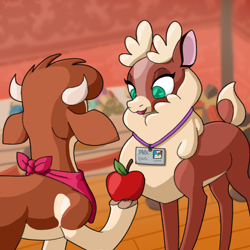 Size: 800x800 | Tagged: safe, artist:deacoti, arizona (tfh), cow, deer, reindeer, them's fightin' herds, apple, cloven hooves, community related, duo, food, happy, hoof hold, museum, name tag, scroll