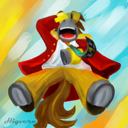 Size: 1024x1024 | Tagged: safe, artist:higvern, oc, oc only, oc:collapse, cyborg, earth pony, pony, abstract background, amputee, laughing, necktie, prosthetic limb, prosthetics, solo