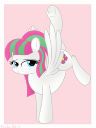 Size: 2768x3708 | Tagged: safe, artist:rainbowšpekgs, blossomforth, pegasus, pony, g4, female, flexible, frog (hoof), handstand, high res, mare, pose, relaxed, smiling, solo, spread wings, that pony sure is flexible, underhoof, upside down, wings