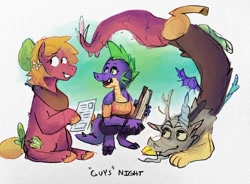 Size: 1378x1013 | Tagged: safe, artist:punkittdev, big macintosh, discord, spike, draconequus, dragon, pony, nonexistent meet-cute [idlyam], dungeons and discords, g4, dungeons and dragons, female, flower, flower in hair, guys night, nonbinary, nonbinary spike, ogres and oubliettes, pen and paper rpg, rpg, trans big macintosh, trans female, transgender, trio