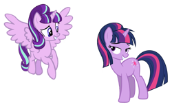 Size: 1600x1000 | Tagged: safe, edit, vector edit, starlight glimmer, twilight sparkle, alicorn, pony, unicorn, g4, alicornified, alternate universe, bedroom eyes, grin, ponytail, race swap, role reversal, simple background, smiling, starlicorn, transparent background, unicorn twilight, vector, xk-class end-of-the-world scenario