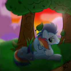 Size: 890x898 | Tagged: safe, artist:ponyartcollabstudio, rainbow dash, soarin', pegasus, pony, g4, female, lying down, male, mare, ship:soarindash, shipping, sleeping, stallion, straight, tree