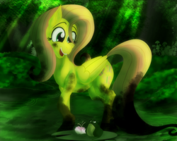 Size: 2500x2000 | Tagged: safe, artist:sixes&sevens, fluttershy, frog, pegasus, pony, g4, dirty, female, flower, grass, high res, lilypad, looking down, mare, mud, muddy, open mouth, outdoors, smiling, solo, swamp, tree, water