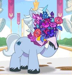 Size: 507x530 | Tagged: safe, screencap, alphabittle blossomforth, pony, unicorn, g5, mare family mare problems, my little pony: tell your tale, spoiler:g5, spoiler:my little pony: tell your tale, spoiler:tyts01e51, alphabetes, animated, bouquet, bouquet of flowers, bowtie, clothes, cropped, cute, dirt, flower, freckles, gif, happy, hoof hold, male, open mouth, open smile, peekaboo, raised hoof, smiling, solo, stallion, standing, suit, tuxedo, youtube link, zephyr heights