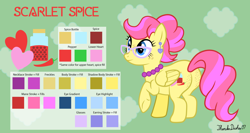 Size: 2030x1080 | Tagged: safe, artist:thunderdasher07, oc, oc only, oc:scarlet spice, pegasus, pony, abstract background, butt, butt freckles, chubby, color palette, cutie mark, ear piercing, earring, female, food, freckles, glasses, hair bun, heart, jar, jewelry, mare, pegasus oc, pepper, piercing, plot, raised hoof, reference sheet, solo