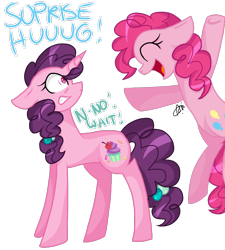 Size: 1400x1557 | Tagged: safe, artist:gallantserver, pinkie pie, sugar belle, earth pony, pony, unicorn, g4, dialogue, glomp, imminent hape, misspelling, simple background, transparent background