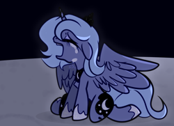 Size: 800x580 | Tagged: safe, artist:cutiesparke, princess luna, alicorn, pony, g4, alternate cutie mark, black background, crown, crying, eyes closed, female, hoof shoes, jewelry, kneeling, mare, moon, on the moon, open mouth, partially open wings, regalia, s1 luna, simple background, solo, spread wings, wings