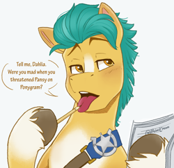 Size: 1475x1429 | Tagged: safe, artist:bcpony, idw, hitch trailblazer, earth pony, pony, g5, spoiler:comic, spoiler:g5comic, spoiler:g5comic12, coat markings, comic, cute, detective, facial markings, hitchbetes, hoof hold, hooves, investigation, male, open mouth, paper, pencil, scene interpretation, sheriff, stallion, stupid sexy hitch trailblazer, teeth, tongue out, turquoise hair