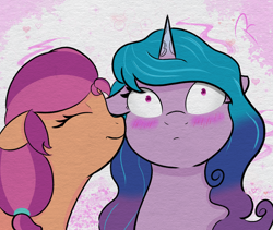 Size: 1280x1080 | Tagged: safe, artist:reinbou, izzy moonbow, sunny starscout, earth pony, pony, unicorn, g5, blushing, female, kissing, lesbian, ship:moonscout, shipping